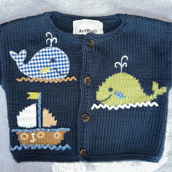 NWOT Unisex Infant 12M ArtWalk Knit Button Up Cardigan Sweater Blue Whale Boat - Picture 1 of 5
